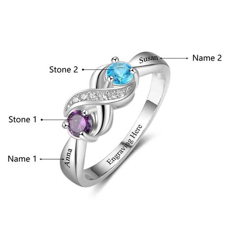 Mothers Ring 2 Birthstone 2 Name Engraved Sterling Silver Etsy