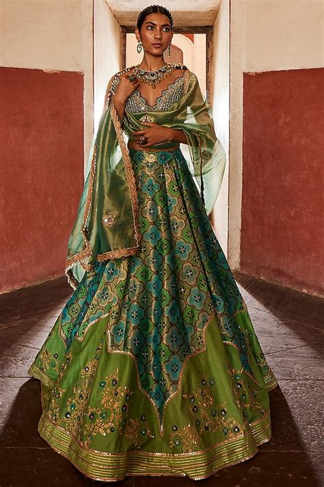 Green Woven Silk Embroidered Banarasi Wedding Lehenga Set By Aditi