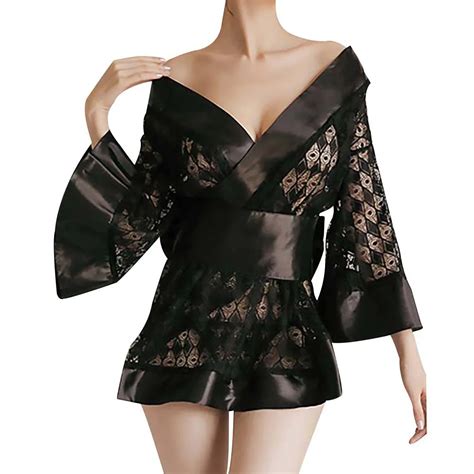 Women S Black Kimono Robe Babydoll Lingerie See Through Diamond Rhombus