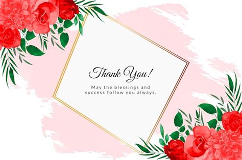 Premium Vector Thank You Card With Red Rose S And Green Leave S With