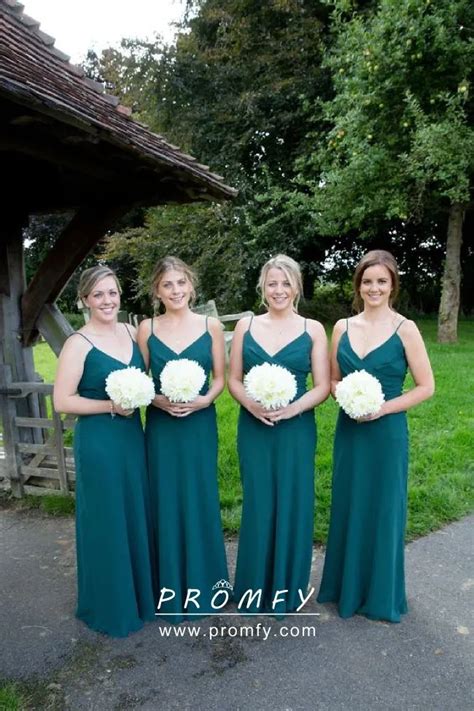 Spaghetti Straps Teal Chiffon Long Bridesmaid Dress Promfy