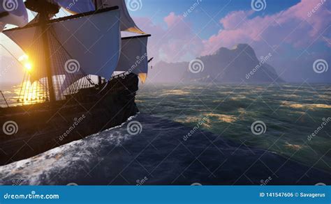 A Large Medieval Ships At Sea At Sunrise An Ancient Medieval Ships