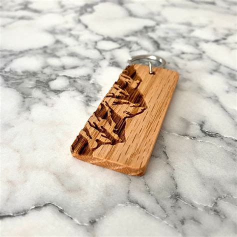 Mountain Engraved Wood Keychain Oak Laser Engraved Keychain Etsy