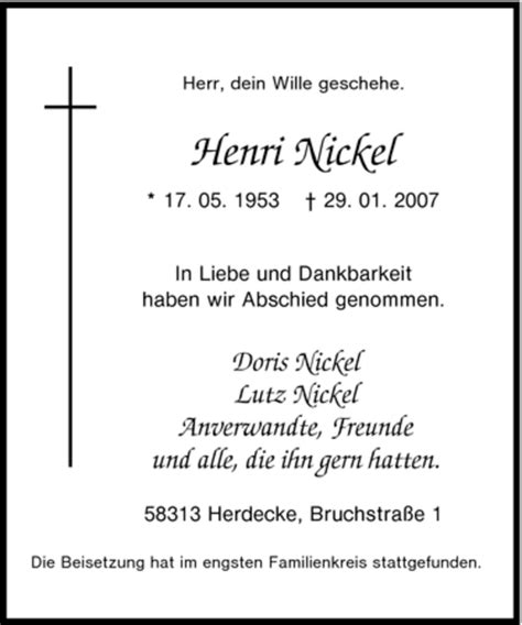 Traueranzeigen Von Henri Nickel Trauer In NRW De