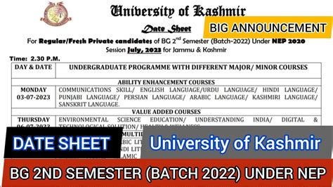 Kashmir University Releases Bg Nd Semester Batch Date Sheet For