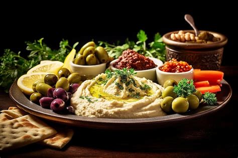 Premium Ai Image Overhead View Of Mezze Platter Of Hummus And Pita