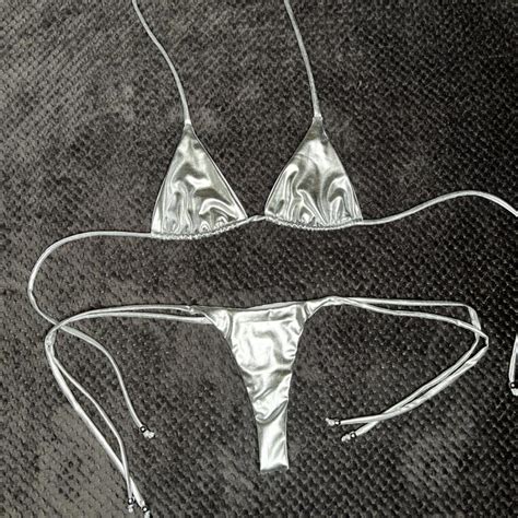 Metallic Triangle Bikini Top And High Waisted Thong Depop