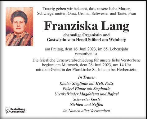 Traueranzeigen Von Franziska Lang Trauer Kleinezeitung At