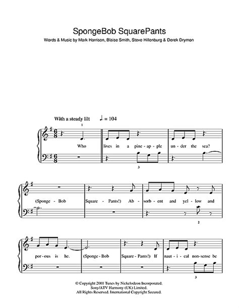 Spongebob Squarepants Theme Song Sheet Music By Mark Harrison 5 Finger Piano 102881