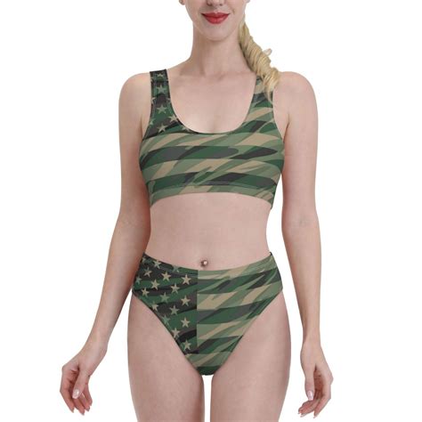 Daiia Jungle Green Camo Usa Flag Women S Bikini Swimsuit Two Piece Swimsuit High Waisted Slim