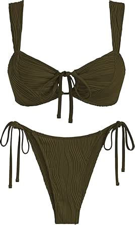 Amazon Zaful Women S Cinched Bikini Solid Color Wave Textured