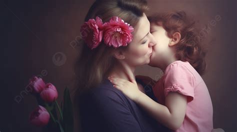 Cute Mom Kissing Her Girl With Flowers Behind Her Background Free