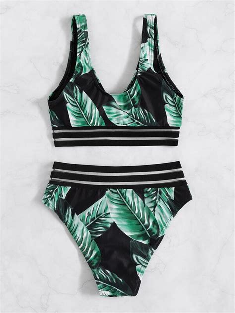 Tropical Print Contrast Mesh Bikini Set Wireless Bra Top High Waist Bikini Bottom Piece