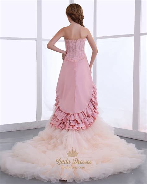 Pink And Champagne Strapless Layered Skirt Wedding Dresses With Flower