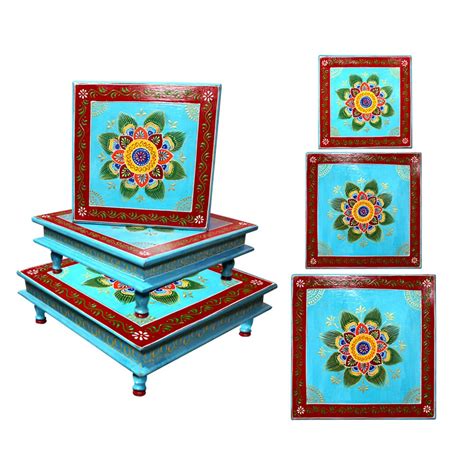 Wooden Palm Decorative Bajot Chowki Set Antique Design Multipurpose