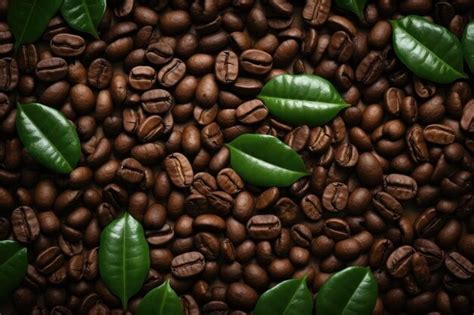 Fondo de textura de granos de café tostados con hojas verdes vista