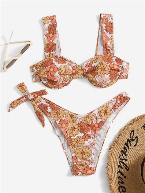 Romwe X Goldendazeillustration Floral Print Push Up Knot Bikini