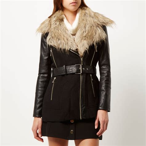 River Island Black Faux Fur Collar Winter Coat In Black Lyst