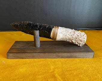 Black Obsidian Blade Knife Deer Antler Handle Flintknapped Etsy