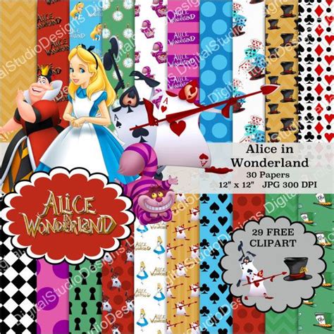 Alice In Wonderland Digital Paper Pack 30 Papers 29 Clipart Size