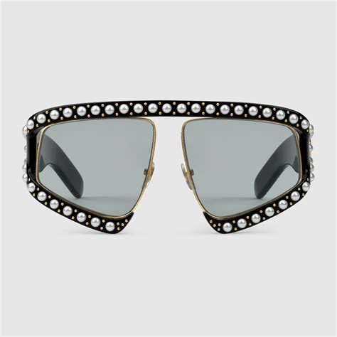 Rectangular Frame Acetate Sunglasses With Pearls Gucci Women S