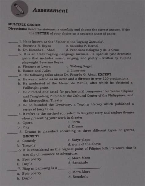 Assessment MULTIPLE CHOICE Directions Read The Statements Carefully