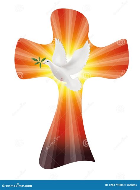 Vector Christian Cross With Dove And Olive Branch On Sunset Or Sunrise