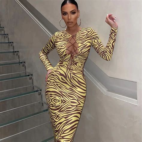 Wjfzqm Lace Up Hollow Out Midi Dress Women Zebra Print Long Sleeve