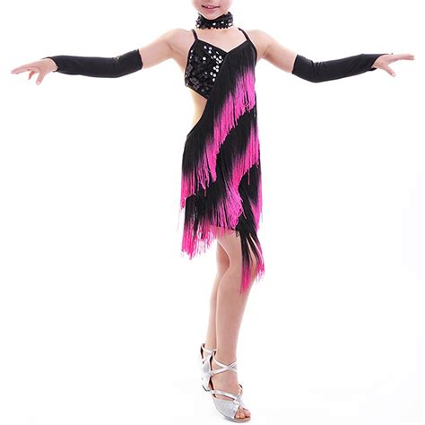 Buy Rose Fringe Shiny Paillette Girl Latin Dance Dress