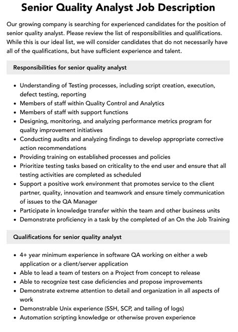 Senior Quality Analyst Job Description Velvet Jobs