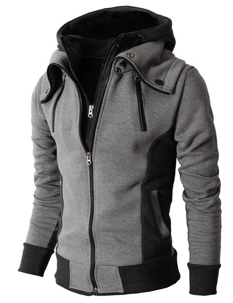 H2h Mens Casual High Neck Hoodie Zip Up With Double Zipper Details Gray