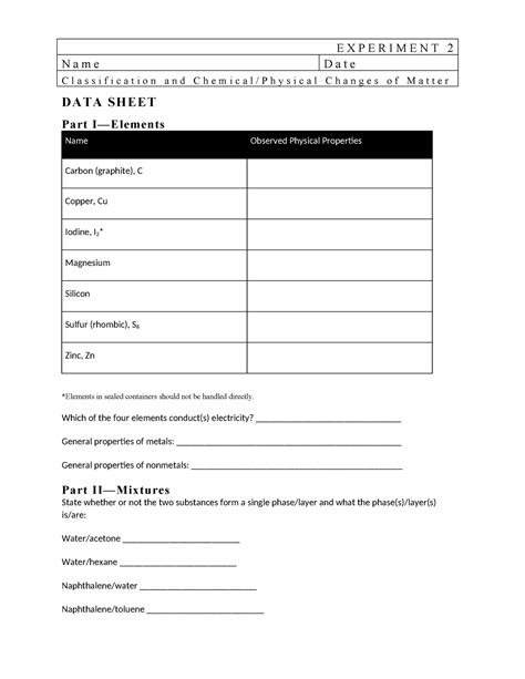 Chm1045 L Experiment 2 Data Sheet 3 Data Sh Eet Part I—elements Name