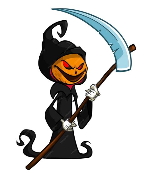 Premium Vector Grim Reaper Pumpkin Head Cartoon Character With Scythe Halloween Jack O Lantern