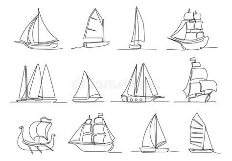 One Continuous Line Sailing Ship. Hand Drawn Different Types of ...