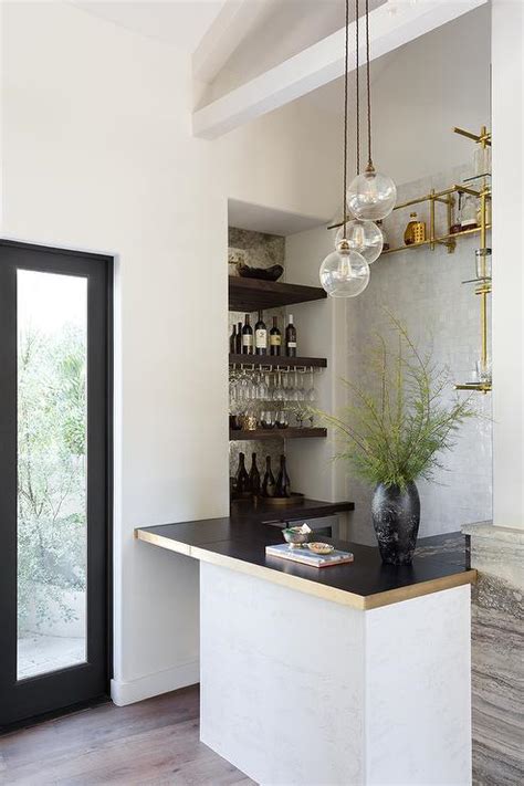 Black Shaker Wet Bar Cabinets With Mirrored Panel Backsplash Transitional Kitchen