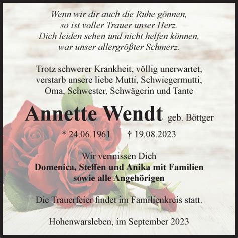 Traueranzeigen Von Annette Wendt Abschied Nehmen De