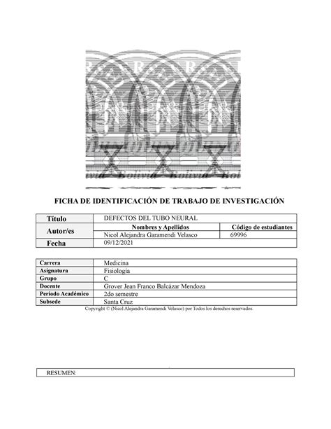 Monografia Defectos Del Tubo Neural Ficha De Identificaci N De