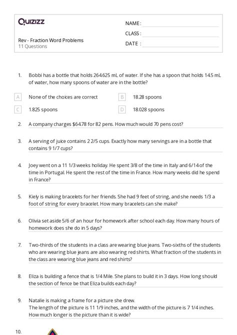 50 Fraction Word Problems Worksheets On Quizizz Free And Printable