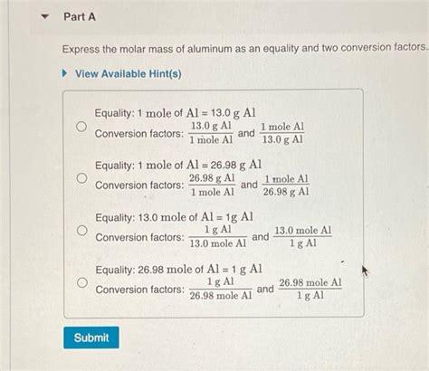 Solved Part A Express The Molar Mass Of Aluminum As An Chegg