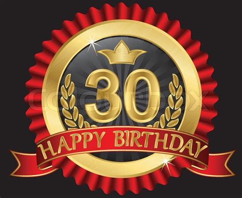 30 years happy birthday golden label with ribbons, vector illustration ...