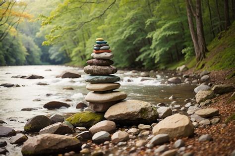 Premium AI Image | Rock Cairn on the River Bank in a Forest