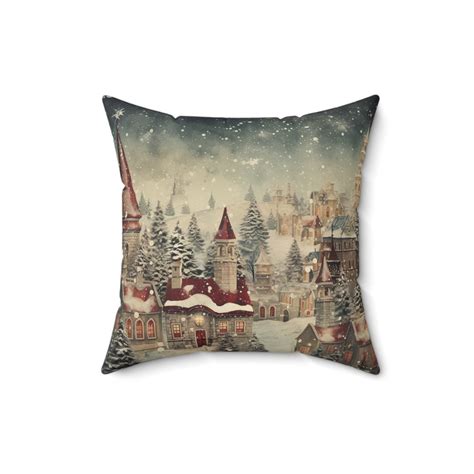 Vintage Snow Covered Village At Night Square Pillow Etsy