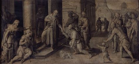 Saint Luke Giving Three Pilgrims Alms By Maerten De Vos Artvee