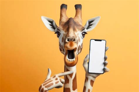 Premium Photo Shocked Real Giraffe Holding Smartphone With White