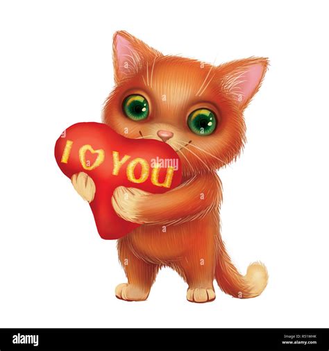 Cute Smiling Kitten Holding Heart Sign With I Love You Confession Of