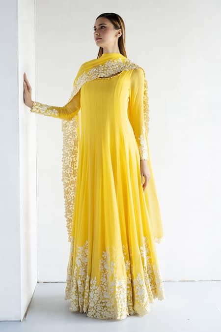 Buy Yellow Georgette Embroidered Floral Round Anarkali With Dupatta For