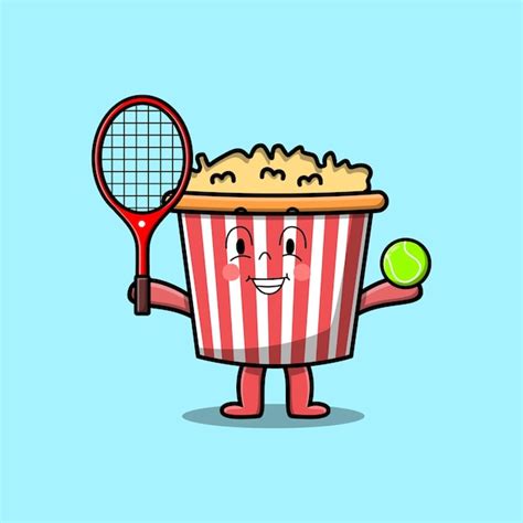 Niedlicher Cartoon Popcorn Charakter Der Tennisplatz In Flacher