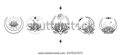 Set Crescent Moons Lotus Flower Moon Stock Vector Royalty Free