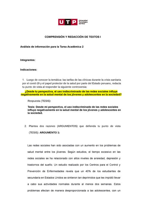 Semana Consigna Para Tarea De La Semana Comprensi N Y Redacci N