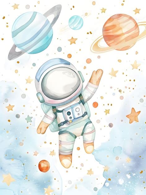 Minimalist Watercolor Astronaut Floating In Playful Cosmic Adventure